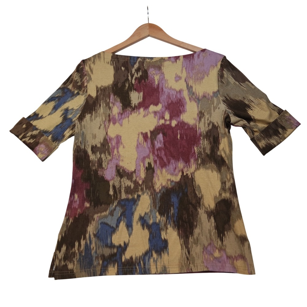 Lauren Ralph Lauren Womens Large Abstract Ikat Boat Neck Cuffed Short Sleeve Top - Picture 2 of 6